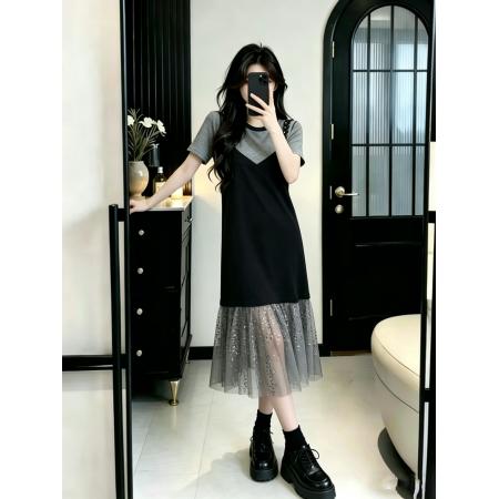 BY16450# 大码女装假两件吊带针织拼接亮闪闪珠片网纱过膝长款连衣裙  服裝批發女裝批發服飾貨源