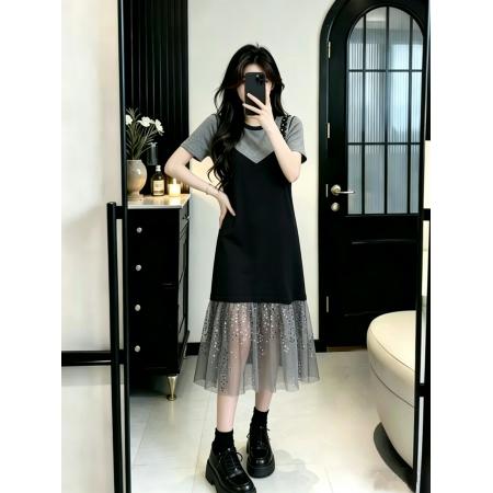 BY16450# 大码女装假两件吊带针织拼接亮闪闪珠片网纱过膝长款连衣裙  服裝批發女裝批發服飾貨源