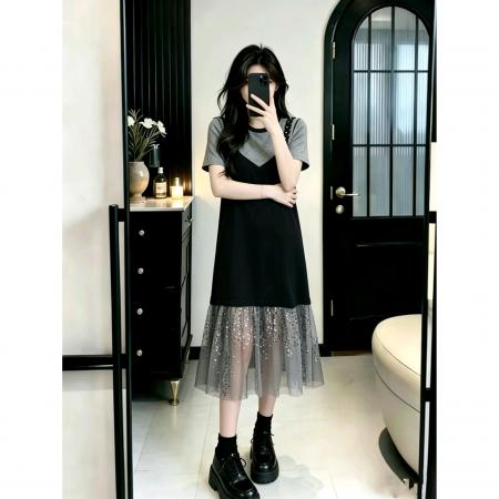 BY16450# 大码女装假两件吊带针织拼接亮闪闪珠片网纱过膝长款连衣裙  服裝批發女裝批發服飾貨源