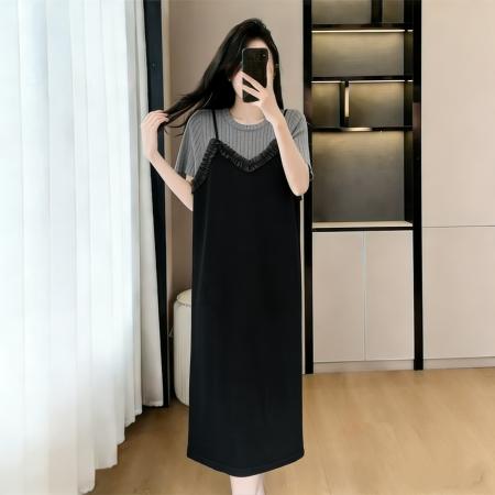 BY16451# 大码女装假两件背带减龄时尚显瘦过膝夏季新款连衣裙  服裝批發女裝批發服飾貨源