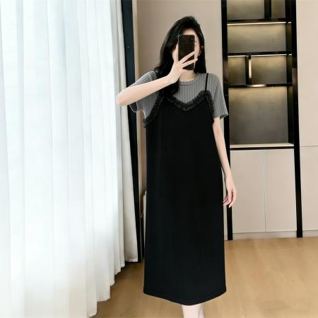 BY16451# 大码女装假两件背带减龄时尚显瘦过膝夏季新款连衣裙  服裝批發女裝批發服飾貨源