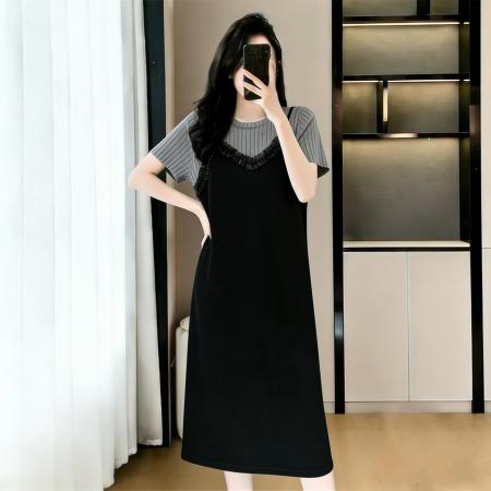 BY16451# 大码女装假两件背带减龄时尚显瘦过膝夏季新款连衣裙  服裝批發女裝批發服飾貨源