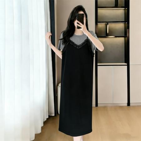 BY16451# 大码女装假两件背带减龄时尚显瘦过膝夏季新款连衣裙  服裝批發女裝批發服飾貨源