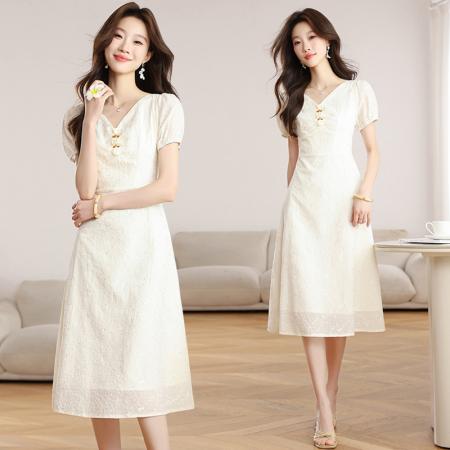 BY16452# 法式茶歇初恋连衣裙夏薄款特别温柔风收腰V领锁骨仙女裙子  服裝批發女裝批發服飾貨源