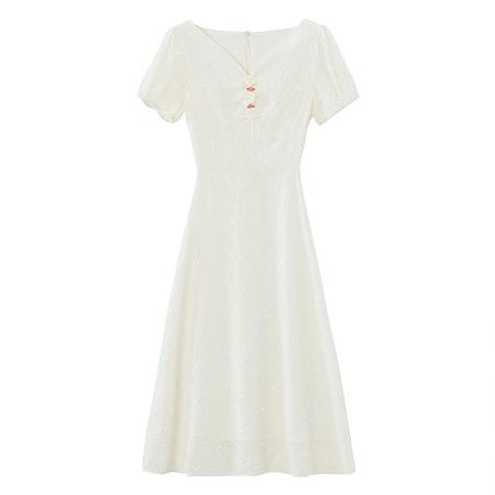 BY16452# 法式茶歇初恋连衣裙夏薄款特别温柔风收腰V领锁骨仙女裙子  服裝批發女裝批發服飾貨源