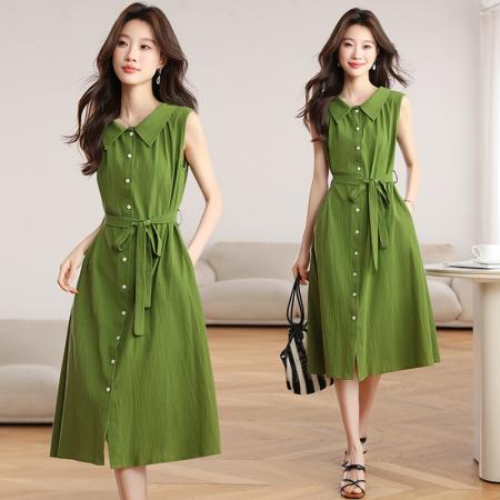 BY16455# 绿色无袖衬衫连衣裙女夏季新款设计感宽松显瘦系带气质长裙子  服裝批發女裝批發服飾貨源