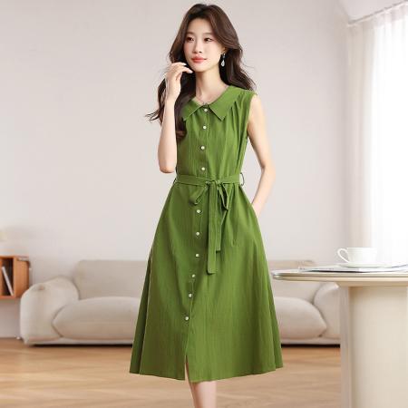 BY16455# 绿色无袖衬衫连衣裙女夏季新款设计感宽松显瘦系带气质长裙子  服裝批發女裝批發服飾貨源