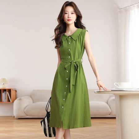 BY16455# 绿色无袖衬衫连衣裙女夏季新款设计感宽松显瘦系带气质长裙子  服裝批發女裝批發服飾貨源
