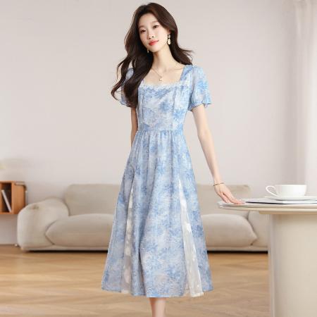 风传花信法式气质蓝色花朵短袖方领连衣裙女夏收腰长裙  服裝批發女裝批發服飾貨源