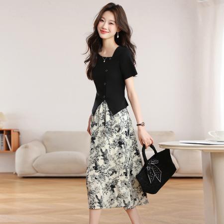 BY16458# 气质国风水墨印花套装女士夏装新款方领T恤半身裙子两件套  服裝批發女裝批發服飾貨源