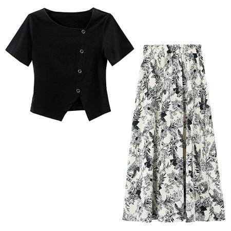 BY16458# 气质国风水墨印花套装女士夏装新款方领T恤半身裙子两件套  服裝批發女裝批發服飾貨源