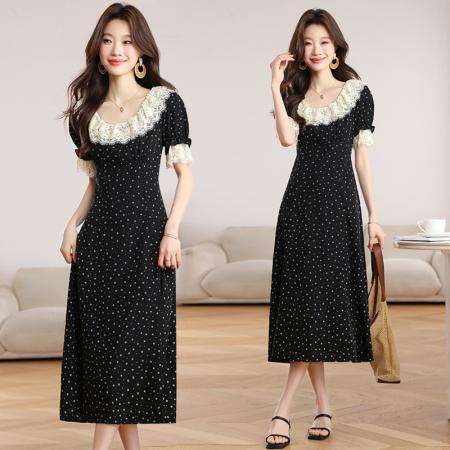 法式荷叶领碎花连衣裙春夏新款女装中长款黑色短袖茶歇裙T  服裝批發女裝批發服飾貨源