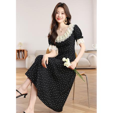 BY16460# 法式荷叶领碎花连衣裙春夏新款女装中长款黑色短袖茶歇裙T  服裝批發女裝批發服飾貨源