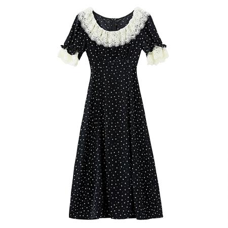 BY16460# 法式荷叶领碎花连衣裙春夏新款女装中长款黑色短袖茶歇裙T  服裝批發女裝批發服飾貨源