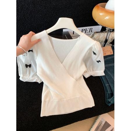 BY16465# 夏季新款轻熟风V领显瘦拼接蝴蝶结短袖针织衫女  服裝批發女裝批發服飾貨源