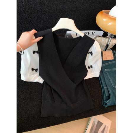 BY16465# 夏季新款轻熟风V领显瘦拼接蝴蝶结短袖针织衫女  服裝批發女裝批發服飾貨源