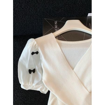 BY16465# 夏季新款轻熟风V领显瘦拼接蝴蝶结短袖针织衫女  服裝批發女裝批發服飾貨源