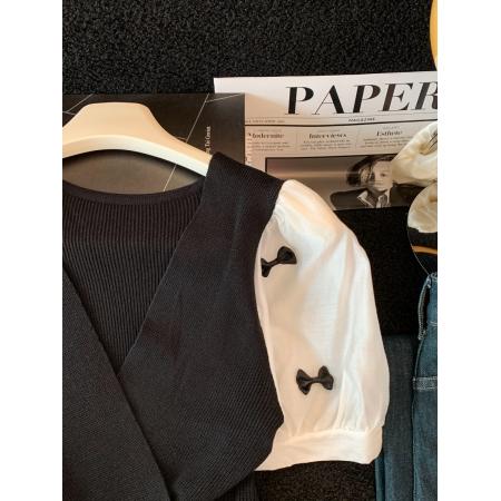 BY16465# 夏季新款轻熟风V领显瘦拼接蝴蝶结短袖针织衫女  服裝批發女裝批發服飾貨源