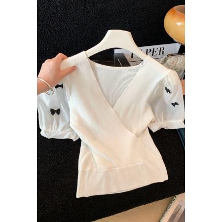 BY16465# 夏季新款轻熟风V领显瘦拼接蝴蝶结短袖针织衫女  服裝批發女裝批發服飾貨源