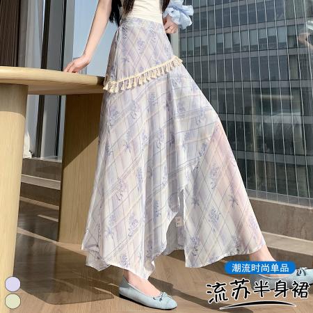 BY16466# 设计感不规则复古流苏开叉半身裙夏季显瘦百搭碎花A字裙  服裝批發女裝批發服飾貨源