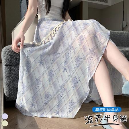 BY16466# 设计感不规则复古流苏开叉半身裙夏季显瘦百搭碎花A字裙  服裝批發女裝批發服飾貨源