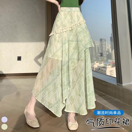 BY16466# 设计感不规则复古流苏开叉半身裙夏季显瘦百搭碎花A字裙  服裝批發女裝批發服飾貨源
