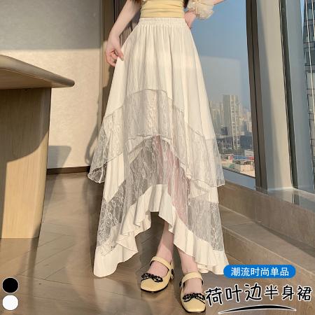 BY16467# 设计感韩版不规则拼接蕾丝荷叶边蛋糕裙女高腰显瘦A字伞裙夏  服裝批發女裝批發服飾貨源