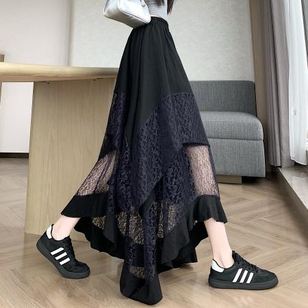 BY16467# 设计感韩版不规则拼接蕾丝荷叶边蛋糕裙女高腰显瘦A字伞裙夏  服裝批發女裝批發服飾貨源