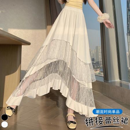 BY16467# 设计感韩版不规则拼接蕾丝荷叶边蛋糕裙女高腰显瘦A字伞裙夏  服裝批發女裝批發服飾貨源