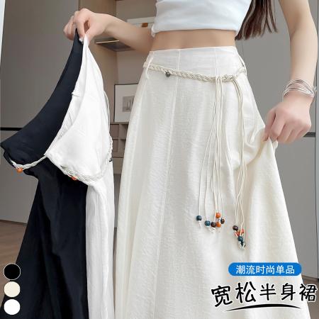 BY16468# 肌理感A字半身裙夏季高腰显瘦时尚百搭系带休闲大摆裙  服裝批發女裝批發服飾貨源