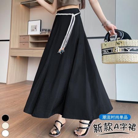 BY16468# 肌理感A字半身裙夏季高腰显瘦时尚百搭系带休闲大摆裙  服裝批發女裝批發服飾貨源