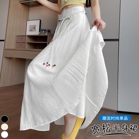 BY16468# 肌理感A字半身裙夏季高腰显瘦时尚百搭系带休闲大摆裙  服裝批發女裝批發服飾貨源