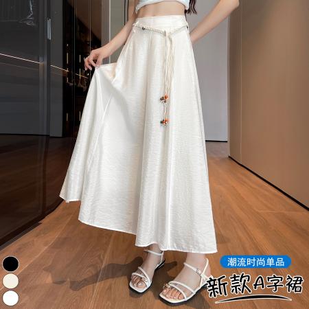 BY16468# 肌理感A字半身裙夏季高腰显瘦时尚百搭系带休闲大摆裙  服裝批發女裝批發服飾貨源