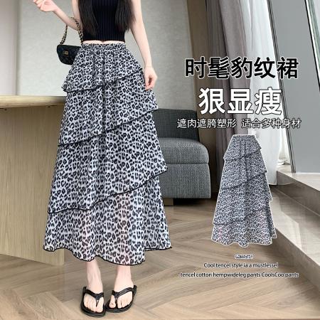 BY16469# 韩系百搭松紧腰复古豹纹蛋糕裙夏季新款显瘦洋气半身长裙  服裝批發女裝批發服飾貨源