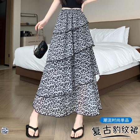 BY16469# 韩系百搭松紧腰复古豹纹蛋糕裙夏季新款显瘦洋气半身长裙  服裝批發女裝批發服飾貨源