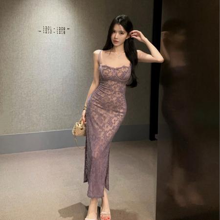 BY16471# 性感低胸蕾丝长款吊带连衣裙  服裝批發女裝批發服飾貨源