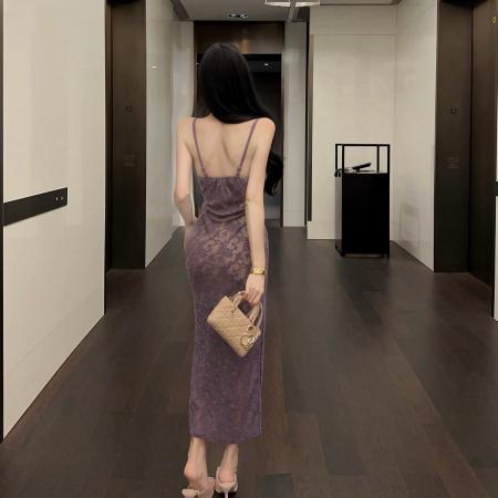 BY16471# 性感低胸蕾丝长款吊带连衣裙  服裝批發女裝批發服飾貨源