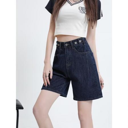 BY16477# 高质松紧腰夏季希野女装韩版宽松五分中裤阔腿直筒高腰牛仔短裤  服裝批發女裝批發服飾貨源