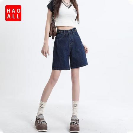 BY16477# 高质松紧腰夏季希野女装韩版宽松五分中裤阔腿直筒高腰牛仔短裤  服裝批發女裝批發服飾貨源