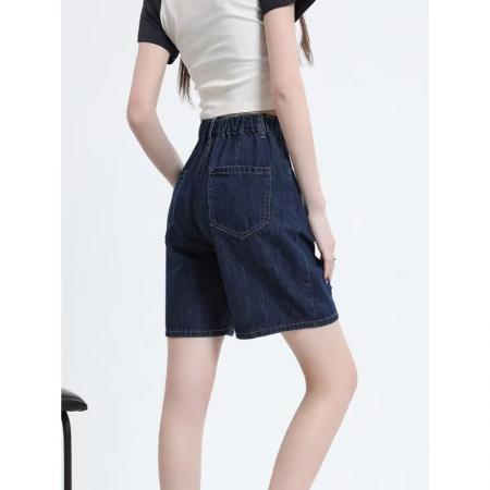 BY16477# 高质松紧腰夏季希野女装韩版宽松五分中裤阔腿直筒高腰牛仔短裤  服裝批發女裝批發服飾貨源