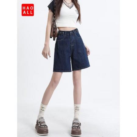 BY16477# 高质松紧腰夏季希野女装韩版宽松五分中裤阔腿直筒高腰牛仔短裤  服裝批發女裝批發服飾貨源