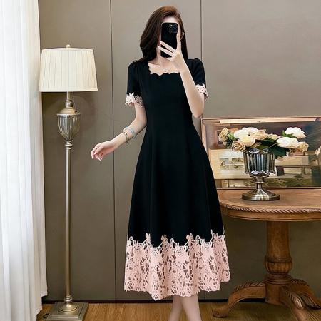 BY16480# 新款显瘦时尚收腰气质修身蕾丝拼接黑色复古连衣裙  服裝批發女裝批發服飾貨源