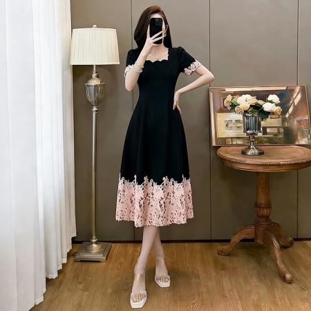 BY16480# 新款显瘦时尚收腰气质修身蕾丝拼接黑色复古连衣裙  服裝批發女裝批發服飾貨源