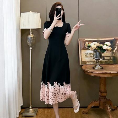 BY16480# 新款显瘦时尚收腰气质修身蕾丝拼接黑色复古连衣裙  服裝批發女裝批發服飾貨源