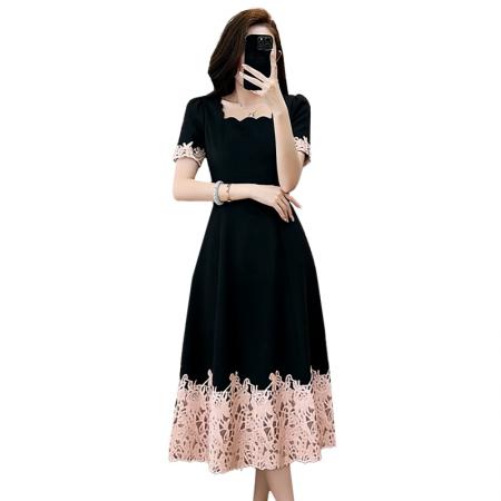 BY16480# 新款显瘦时尚收腰气质修身蕾丝拼接黑色复古连衣裙  服裝批發女裝批發服飾貨源