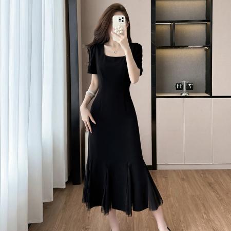 BY16481# 岚天鹅鱼尾裙夏季晚宴步步生花气质连衣裙黑色优雅收腰裙  服裝批發女裝批發服飾貨源