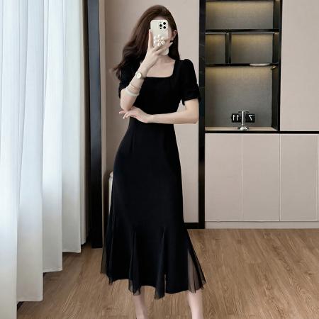 BY16481# 岚天鹅鱼尾裙夏季晚宴步步生花气质连衣裙黑色优雅收腰裙  服裝批發女裝批發服飾貨源