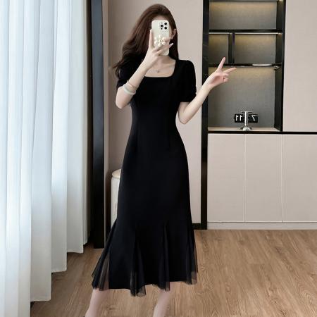 BY16481# 岚天鹅鱼尾裙夏季晚宴步步生花气质连衣裙黑色优雅收腰裙  服裝批發女裝批發服飾貨源