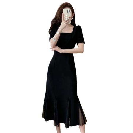 BY16481# 岚天鹅鱼尾裙夏季晚宴步步生花气质连衣裙黑色优雅收腰裙  服裝批發女裝批發服飾貨源