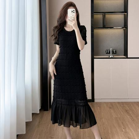 大码法式轻奢蕾丝镂空遮肉长裙胖mm夏季气质减龄显瘦肌理感连衣裙  服裝批發女裝批發服飾貨源